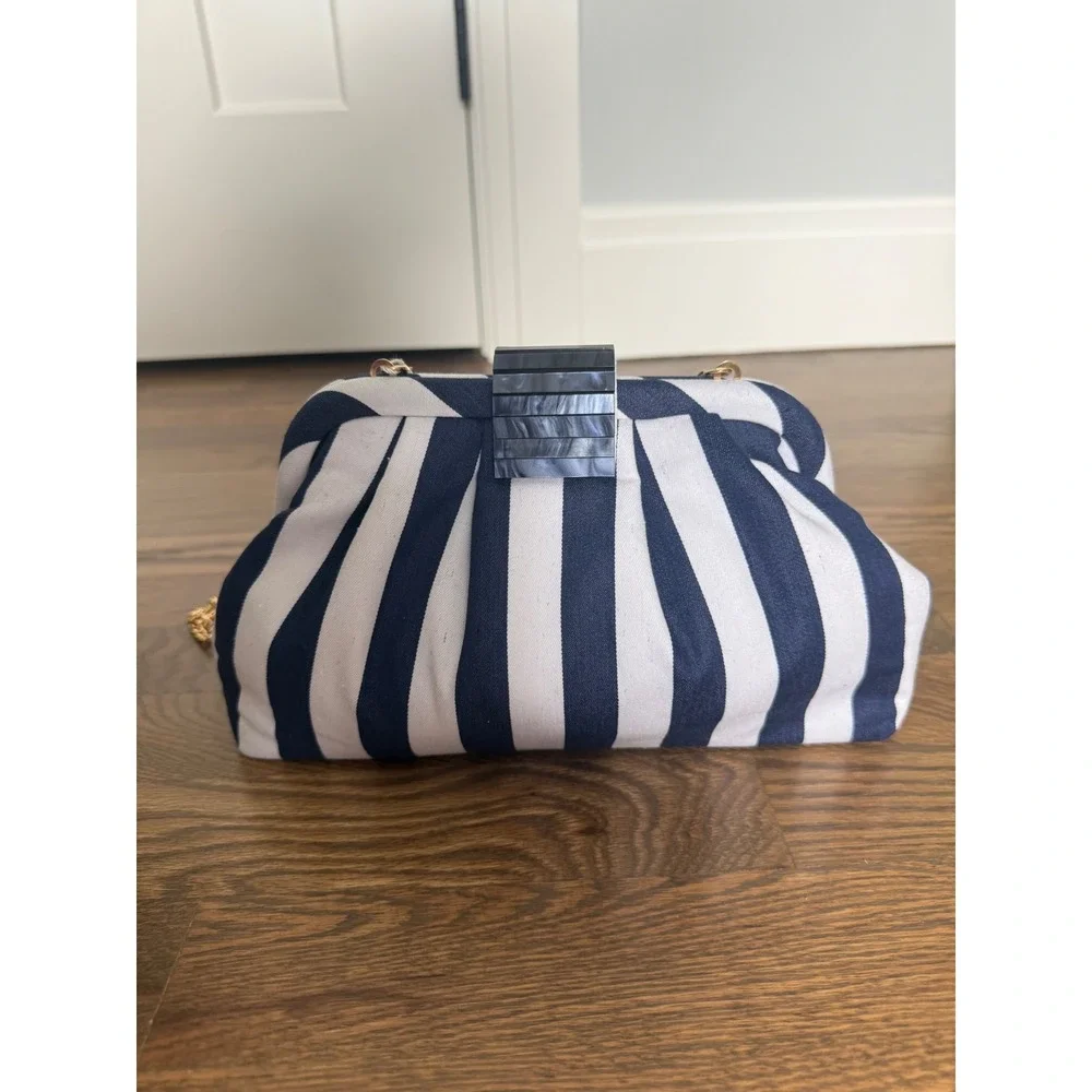 Tommy Bahama Navy Blue White Striped Pleated Clutch Bag Gold Chain Strap - Picture 6 of 9